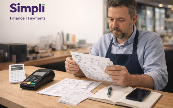 Irish small business owner seated at a wooden counter reviewing card payment fee statements, with a card terminal, calculator, notebook, receipts, and smartphone on the desk, and the purple Simplí Finance | Payments logo in the top left corner.