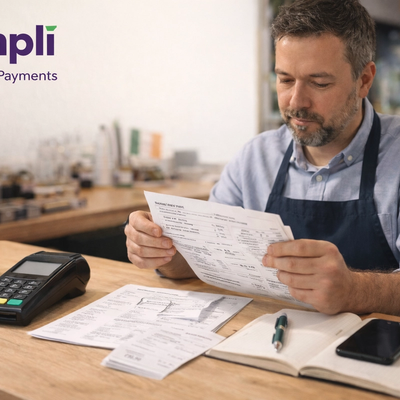 Irish small business owner seated at a wooden counter reviewing card payment fee statements, with a card terminal, calculator, notebook, receipts, and smartphone on the desk, and the purple Simplí Finance | Payments logo in the top left corner.