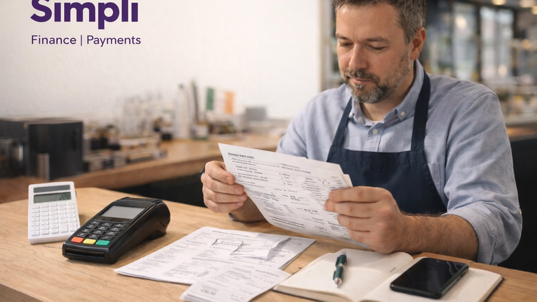 Irish small business owner seated at a wooden counter reviewing card payment fee statements, with a card terminal, calculator, notebook, receipts, and smartphone on the desk, and the purple Simplí Finance | Payments logo in the top left corner.