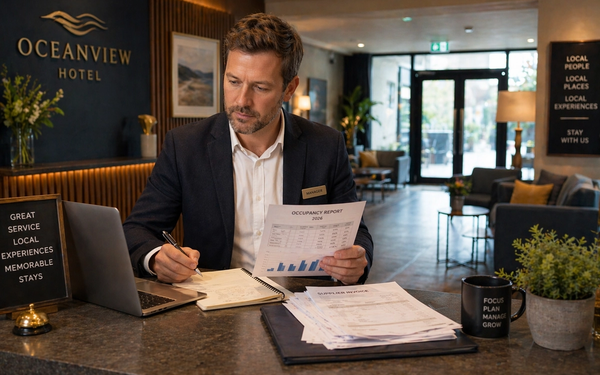 Hotel owner or manager at reception reviewing occupancy figures, invoices, and notes at the front desk of a modern hotel lobby, with seating and warm lighting visible in the background.
