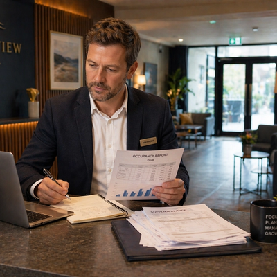 Hotel owner or manager at reception reviewing occupancy figures, invoices, and notes at the front desk of a modern hotel lobby, with seating and warm lighting visible in the background.