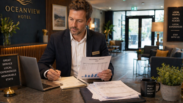 Hotel owner or manager at reception reviewing occupancy figures, invoices, and notes at the front desk of a modern hotel lobby, with seating and warm lighting visible in the background.