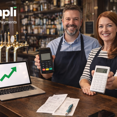 Two smiling pub owners stand behind a wooden bar holding different card payment devices, with a laptop, receipts, pen, pint of stout, and the white Simplí Finance | Payments logo visible in the top left, set against a warm traditional pub backdrop.