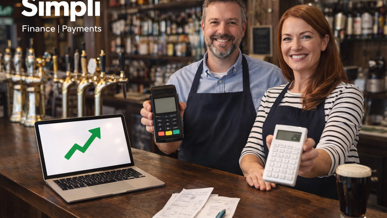 Two smiling pub owners stand behind a wooden bar holding different card payment devices, with a laptop, receipts, pen, pint of stout, and the white Simplí Finance | Payments logo visible in the top left, set against a warm traditional pub backdrop.