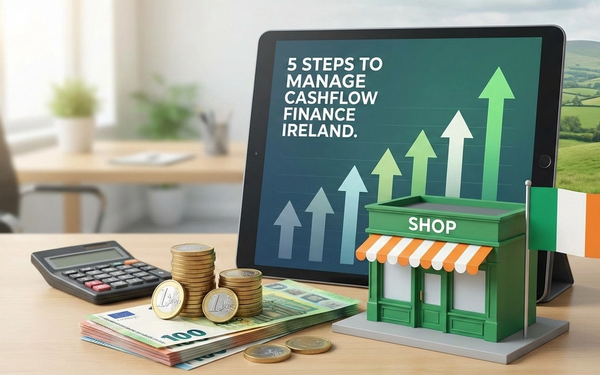 A professional desk setup featuring Euro currency, a calculator, and a tablet displaying the title "5 Steps to Manage Cashflow Finance Ireland" with an upward-trending growth chart