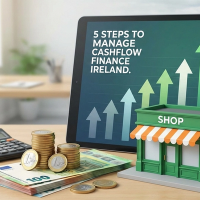 A professional desk setup featuring Euro currency, a calculator, and a tablet displaying the title "5 Steps to Manage Cashflow Finance Ireland" with an upward-trending growth chart