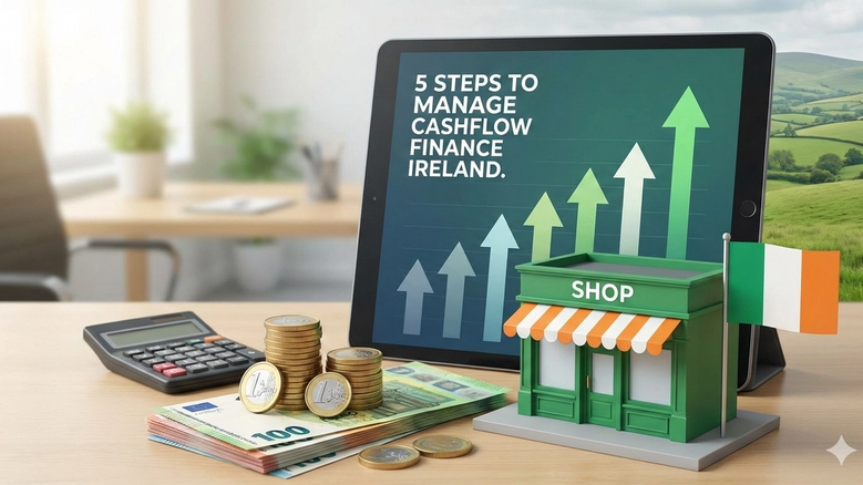 A professional desk setup featuring Euro currency, a calculator, and a tablet displaying the title "5 Steps to Manage Cashflow Finance Ireland" with an upward-trending growth chart