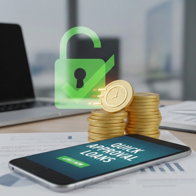 A smartphone lying on a desk displaying 'Quick Approval Loans' on the screen, next to stacks of gold coins, a clock icon representing speed, and a green padlock symbol representing security.