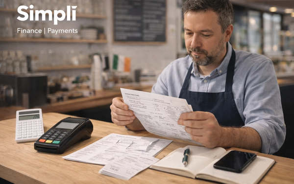 Small business owner seated at a counter in a café-style setting, reviewing payment fee statements with a card terminal, calculator, receipts, notebook, and smartphone on the desk, while the white Simplí Finance | Payments logo appears in the top left corner.