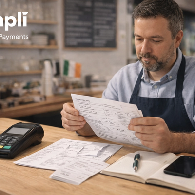 Small business owner seated at a counter in a café-style setting, reviewing payment fee statements with a card terminal, calculator, receipts, notebook, and smartphone on the desk, while the white Simplí Finance | Payments logo appears in the top left corner.