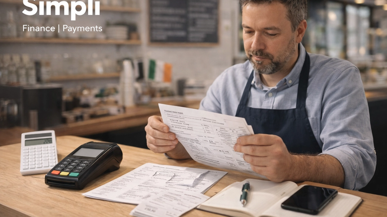 Small business owner seated at a counter in a café-style setting, reviewing payment fee statements with a card terminal, calculator, receipts, notebook, and smartphone on the desk, while the white Simplí Finance | Payments logo appears in the top left corner.