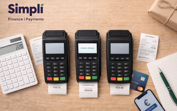 Overhead view of a light wooden counter displaying card payment processing tools, including a black card terminal, a printed receipt, a smartphone showing a tap-to-pay screen, a blue payment card, a notebook with pen, a cappuccino, and a wrapped parcel in the corner.