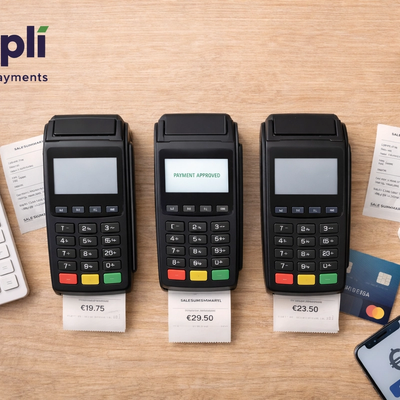 Overhead view of a light wooden counter displaying card payment processing tools, including a black card terminal, a printed receipt, a smartphone showing a tap-to-pay screen, a blue payment card, a notebook with pen, a cappuccino, and a wrapped parcel in the corner.