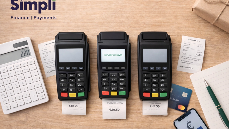 Overhead view of a light wooden counter displaying card payment processing tools, including a black card terminal, a printed receipt, a smartphone showing a tap-to-pay screen, a blue payment card, a notebook with pen, a cappuccino, and a wrapped parcel in the corner.