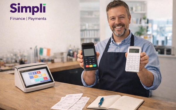 Smiling male business owner in a bright modern shop or hospitality setting, holding two card payment devices beside a modern till, with receipts and an open notebook on the counter, and the purple Simplí Finance | Payments logo in the top left corner.