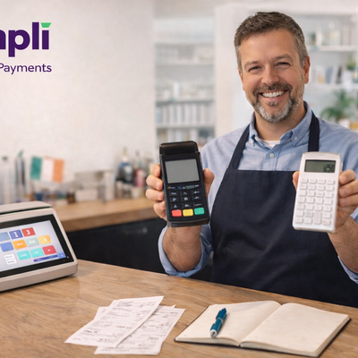Smiling male business owner in a bright modern shop or hospitality setting, holding two card payment devices beside a modern till, with receipts and an open notebook on the counter, and the purple Simplí Finance | Payments logo in the top left corner.