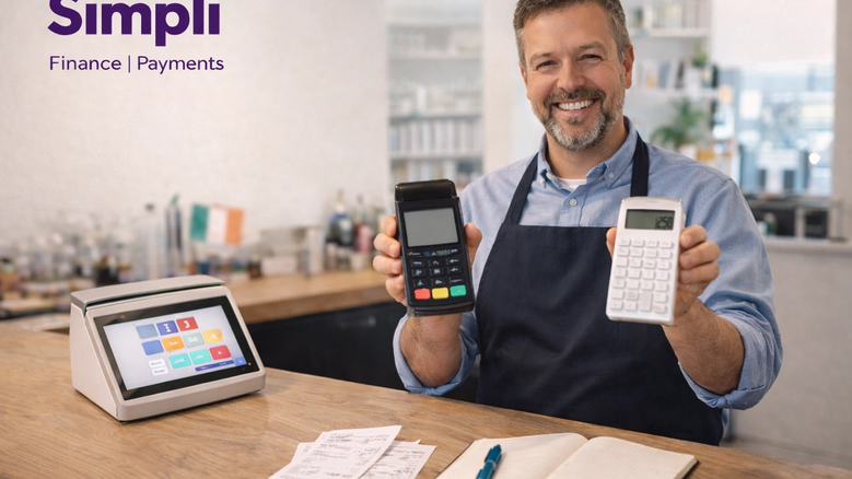 Smiling male business owner in a bright modern shop or hospitality setting, holding two card payment devices beside a modern till, with receipts and an open notebook on the counter, and the purple Simplí Finance | Payments logo in the top left corner.