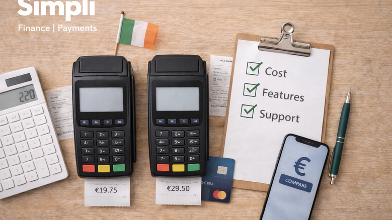 Overhead view of two black card payment terminals on a light wooden surface, each with a receipt showing different prices, beside a calculator, clipboard checklist, smartphone, pen, blue bank card, and small Irish flag, with the white Simplí Finance | Payments logo in the top left corner.