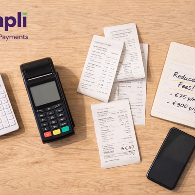 Overhead view of a light wooden desk with a black card terminal, white calculator, several receipts, a notebook with handwritten savings notes, a pen, and a smartphone, with the purple Simplí Finance | Payments logo in the top left corner.