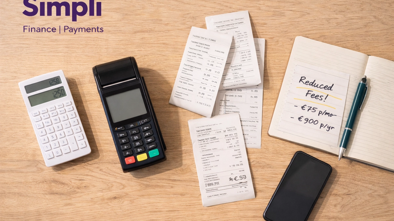 Overhead view of a light wooden desk with a black card terminal, white calculator, several receipts, a notebook with handwritten savings notes, a pen, and a smartphone, with the purple Simplí Finance | Payments logo in the top left corner.