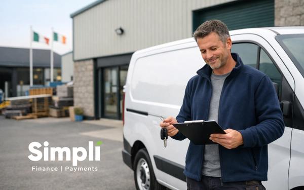 Irish small business owner standing beside a white commercial van outside a modern business premises, holding keys and reviewing paperwork, illustrating commercial vehicle finance for SMEs in Ireland.