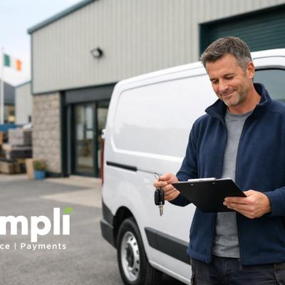 Irish small business owner standing beside a white commercial van outside a modern business premises, holding keys and reviewing paperwork, illustrating commercial vehicle finance for SMEs in Ireland.