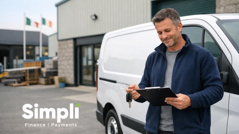 Irish small business owner standing beside a white commercial van outside a modern business premises, holding keys and reviewing paperwork, illustrating commercial vehicle finance for SMEs in Ireland.