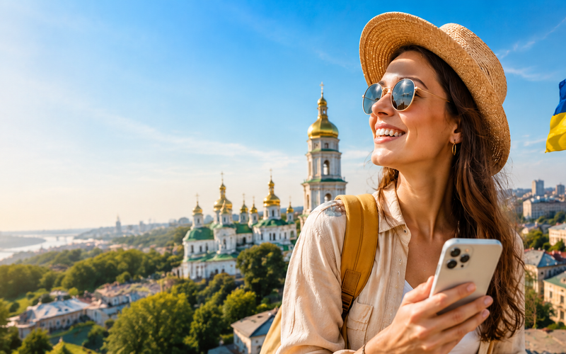 Smiling traveler with smartphone overlooking Kyiv Pechersk Lavra, Ukrainian flag in view