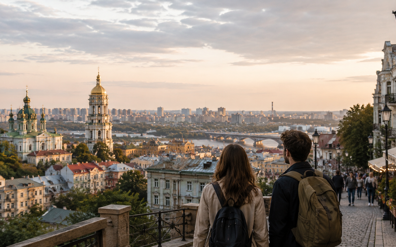 Two travelers overlooking Kyiv skyline and Dnipro river at golden hour, near Pechersk Lavra