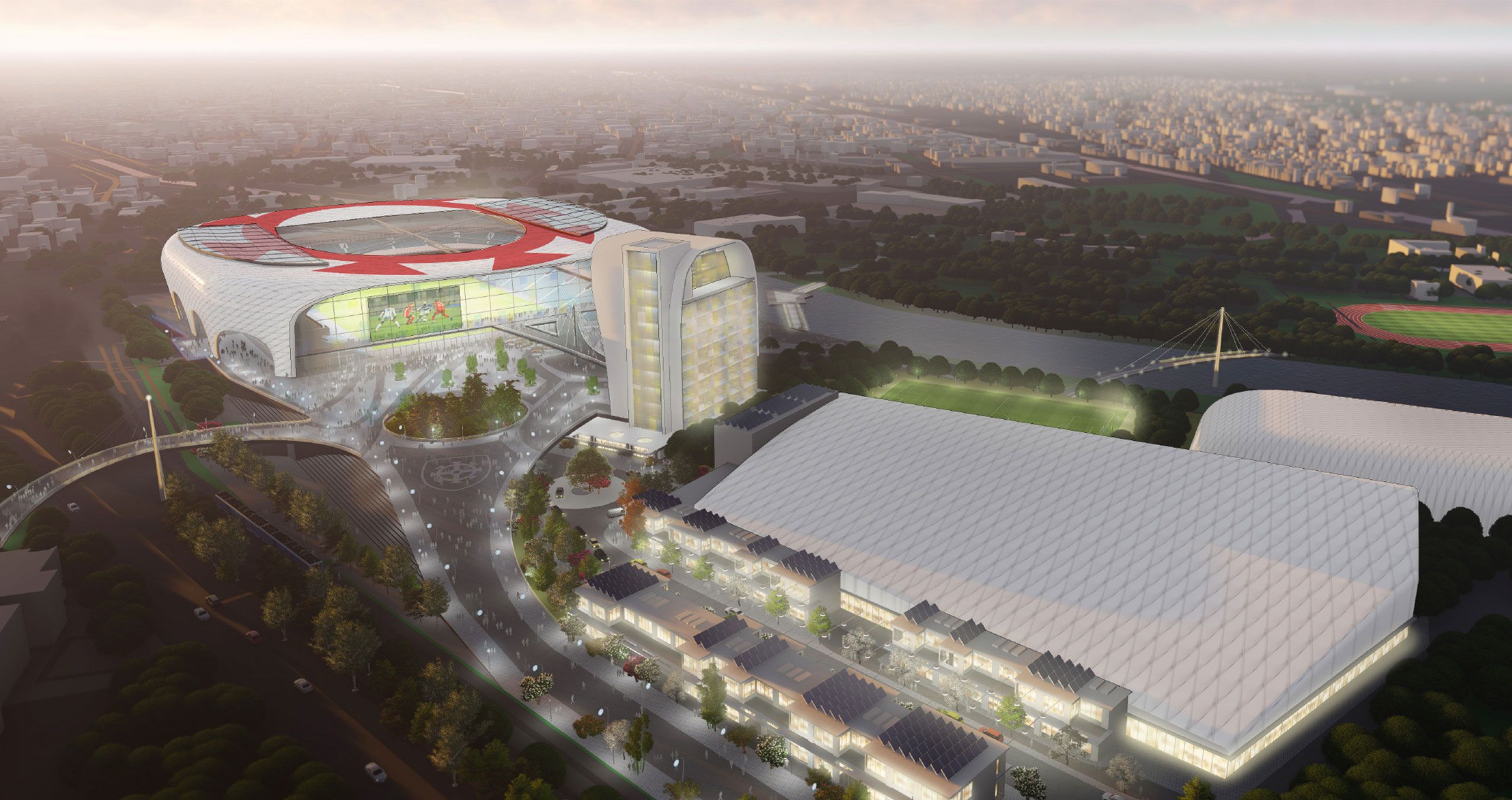 A graphic rendering that shows a birds-eye view of the FC Mulhouse stadium and plaza, by LSW Architects. 