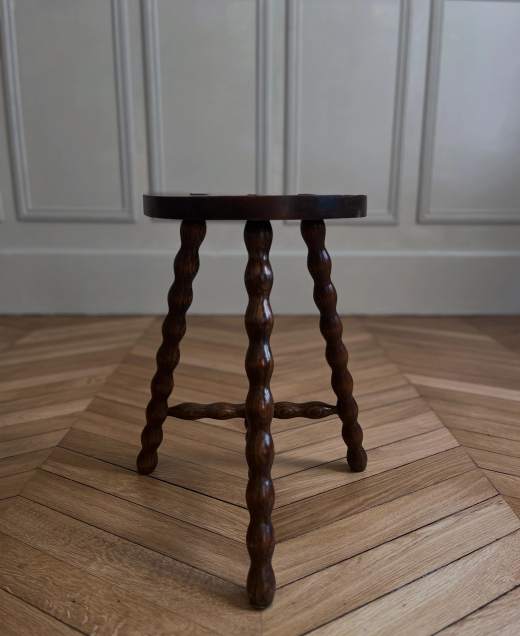 Brutalist turned legs tripod stool, c.1930