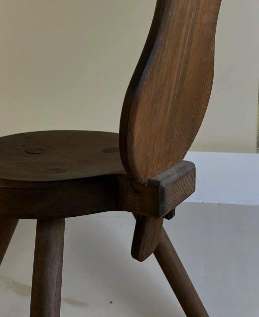 Brutalist wooden three legged chair