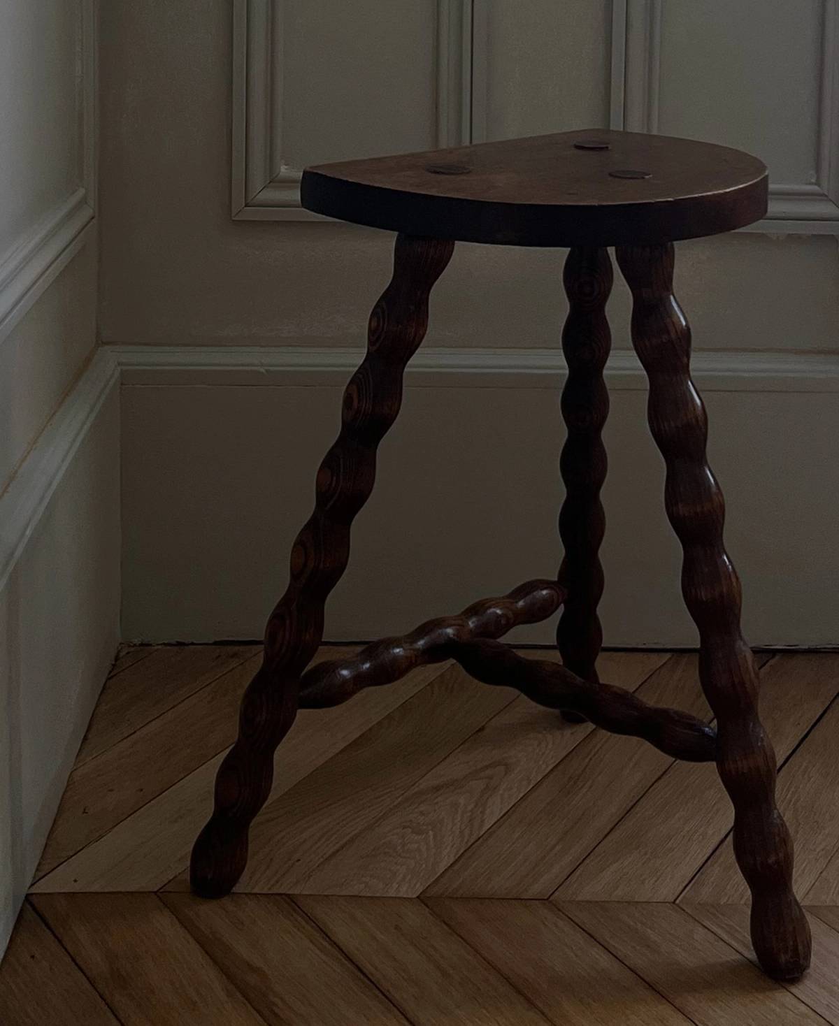 Brutalist turned legs tripod stool, c.1930, view 4