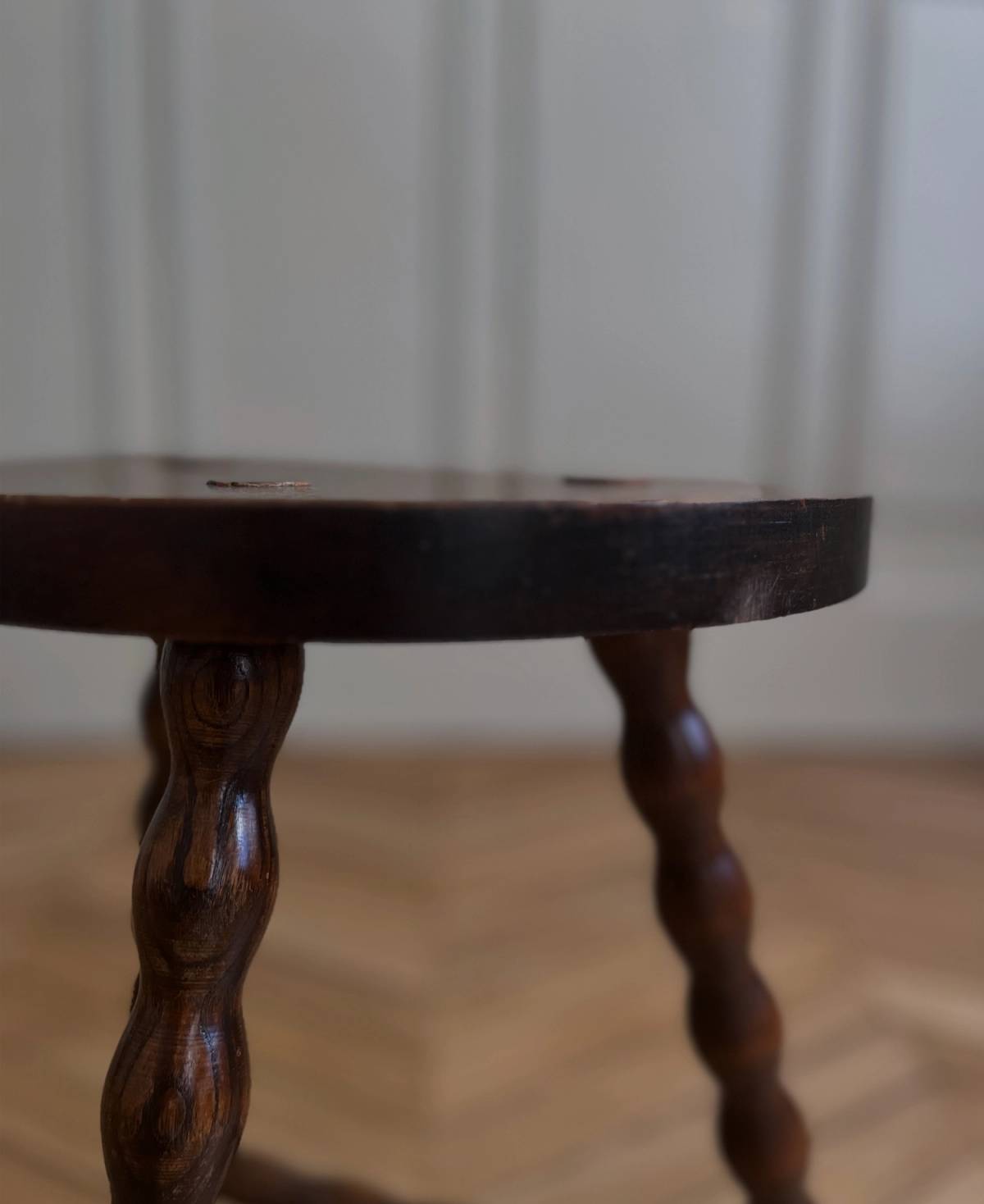 Brutalist turned legs tripod stool, c.1930, view 2