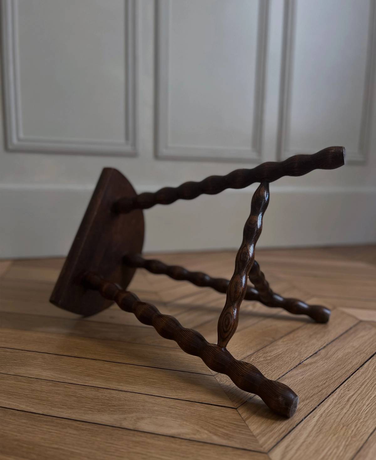 Brutalist turned legs tripod stool, c.1930, view 3