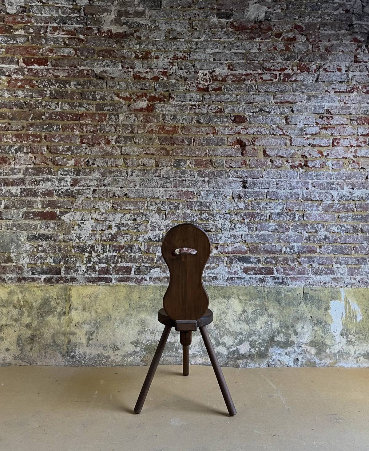 Brutalist wooden three legged chair, view 3