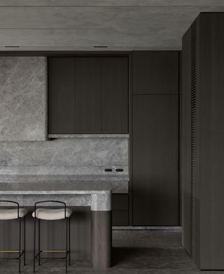 Moody scene in a high end architectural kitchen on the mornington peninsula, featuring curved flush electrical