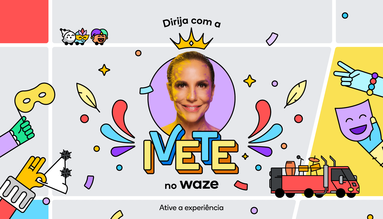 Interface do Waze com ícones de Carnaval e Trio Elétrico