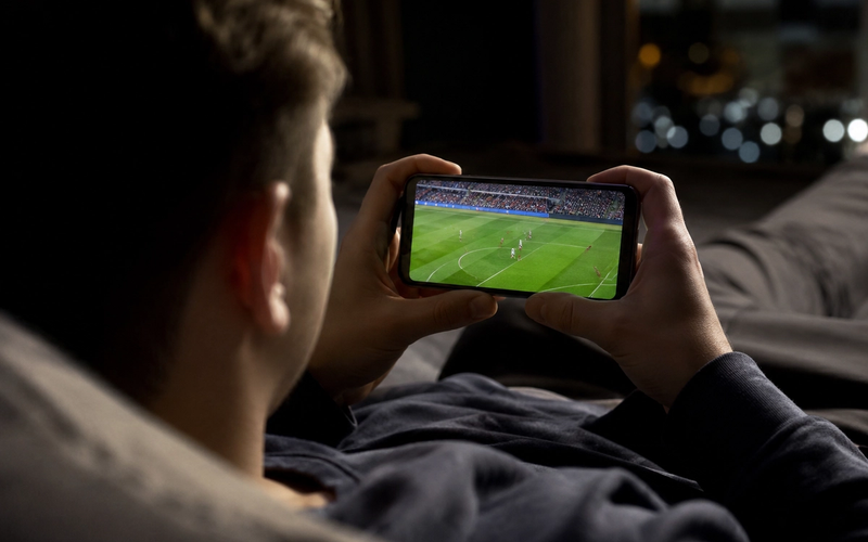 Jovem assistindo a uma partida de futebol pela tela do celular em casa à noite, representando o consumo de esporte por plataformas digitais durante a Copa do Mundo 2026