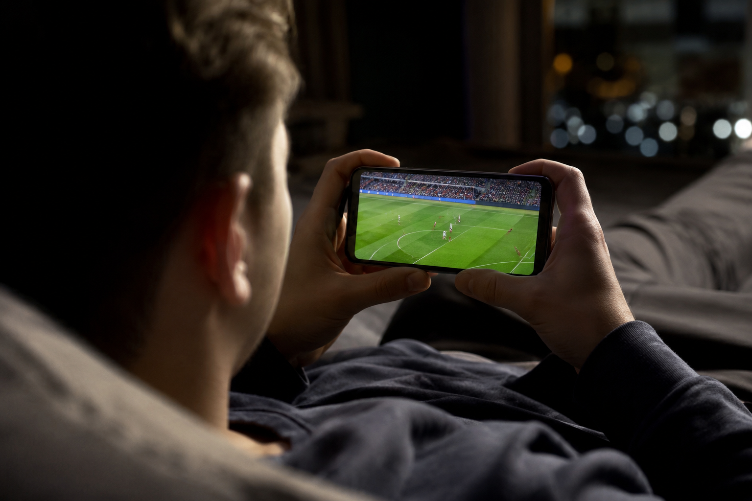 Jovem assistindo a uma partida de futebol pela tela do celular em casa à noite, representando o consumo de esporte por plataformas digitais durante a Copa do Mundo 2026