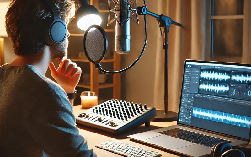 Criador gravando conteúdo em estúdio caseiro para redes sociais
