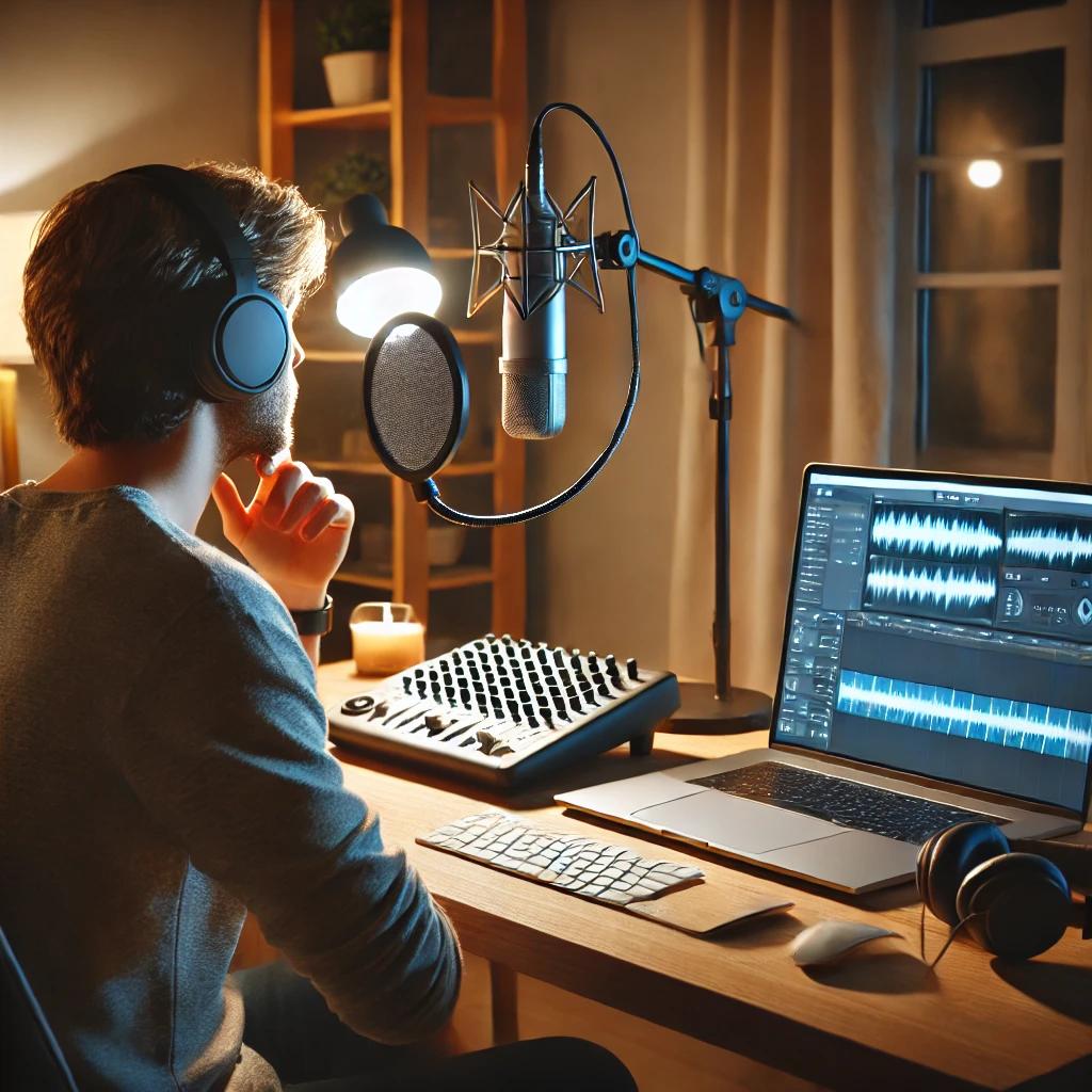 Criador gravando conteúdo em estúdio caseiro para redes sociais