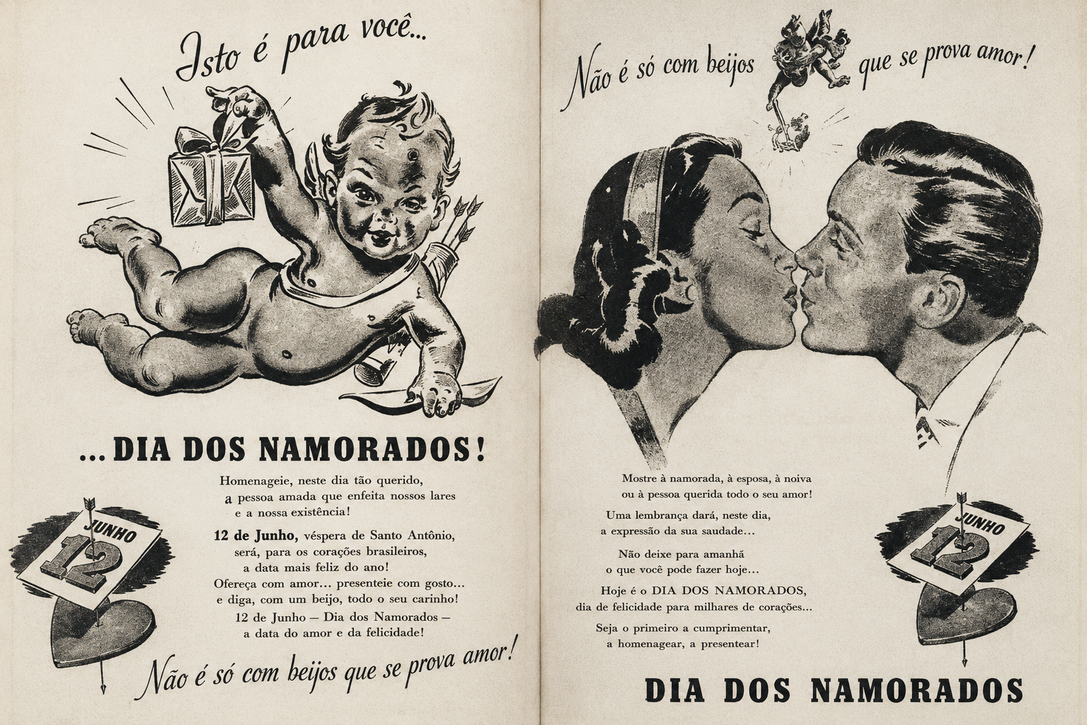 Reprodução de anúncio histórico do Dia dos Namorados no Brasil, da década de 1940, mostrando um cupido segurando um presente e um casal se beijando, acompanhado do slogan "Não é só com beijos que se prova amor".