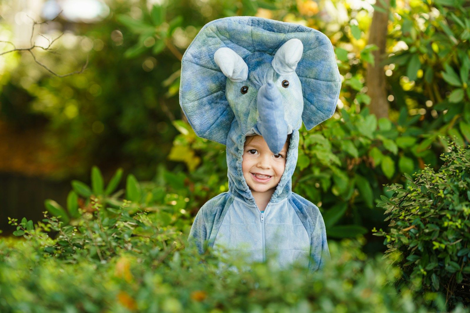 Criança sorrindo vestida com uma fantasia de pelúcia de elefante, ao ar livre entre folhagens.
