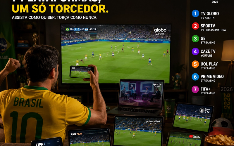 Torcedor assistindo a jogo da Copa do Mundo 2026 em várias telas ao mesmo tempo — TV, celular e computador — representando as sete plataformas de transmissão do Mundial no Brasil