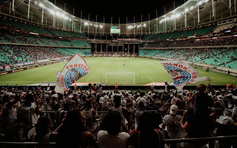 Estádio de futebol lotado à noite, visto da arquibancada: a torcida de costas agita grandes bandeirões enquanto o gramado verde brilha sob os refletores.