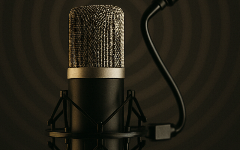 Podcaster gravando episódio em estúdio equipado com tecnologia moderna