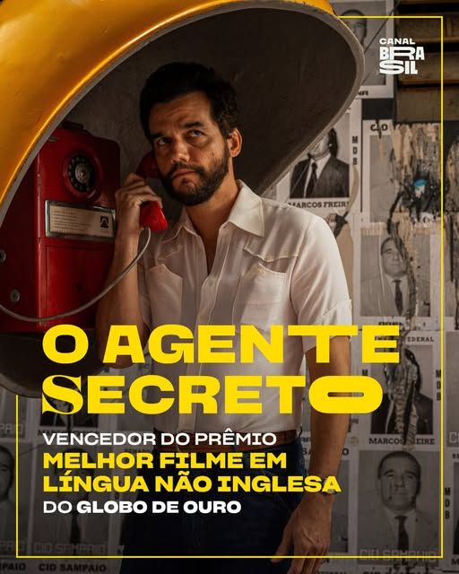 Cena dramática do filme 'O Agente Secreto' ou troféu Globo de Ouro
