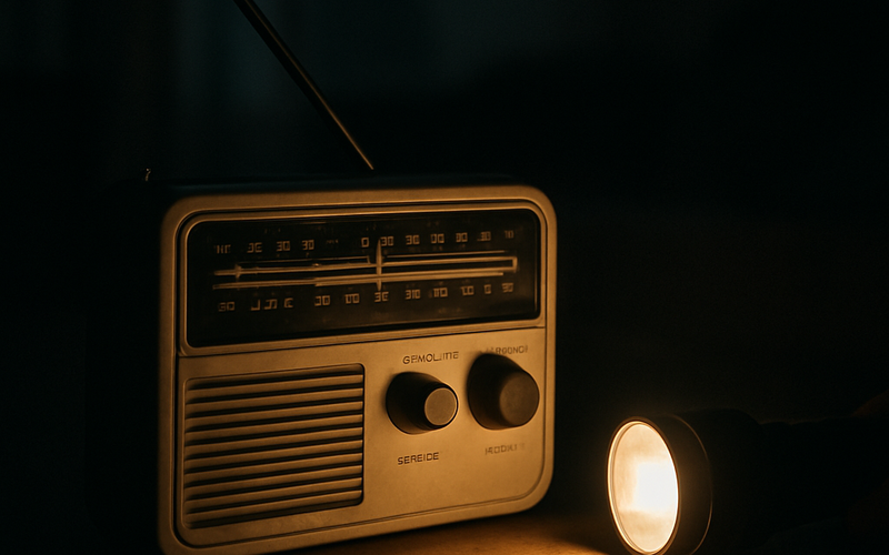 Rádio vintage funcionando e transmitindo enquanto escuridão se estende