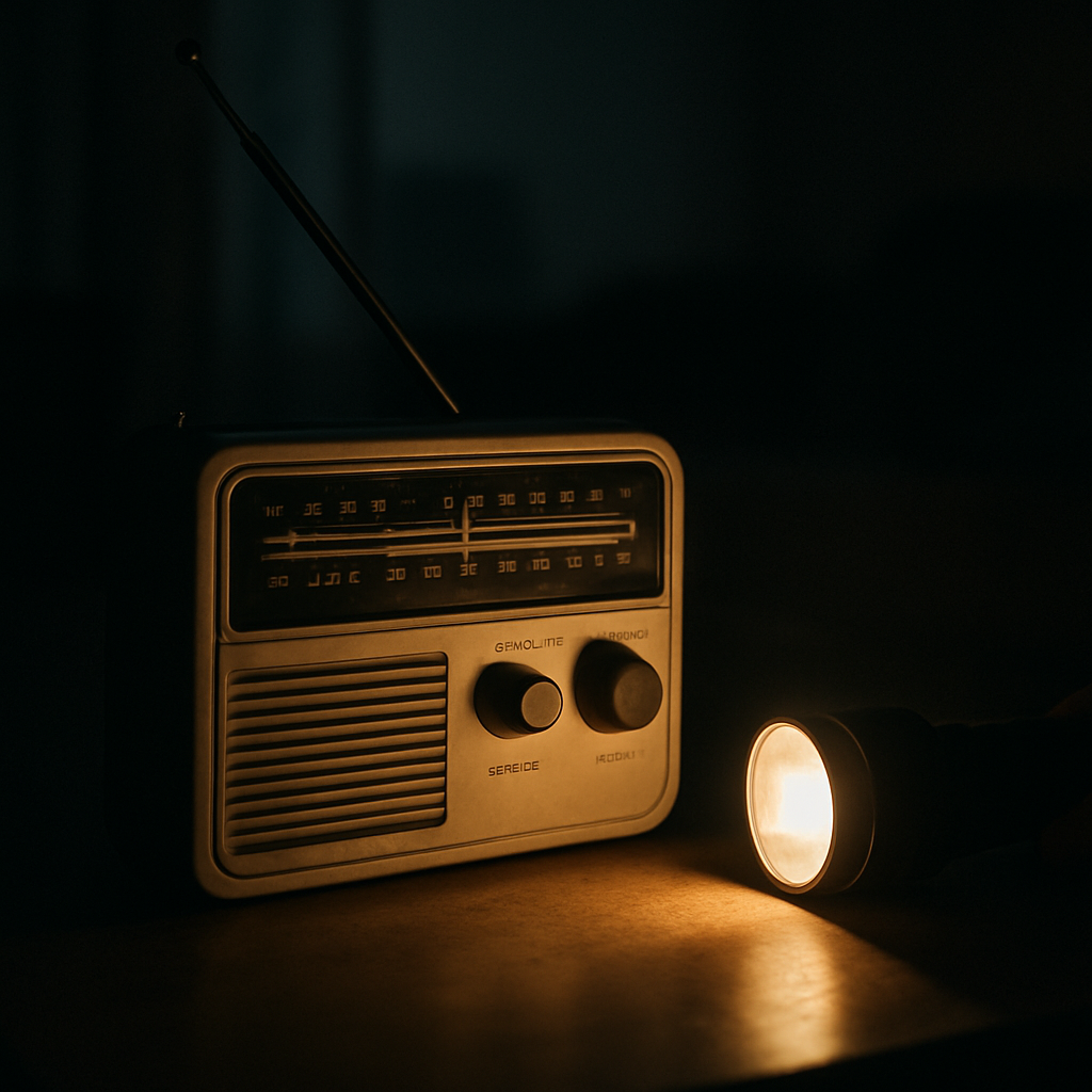 Rádio vintage funcionando e transmitindo enquanto escuridão se estende